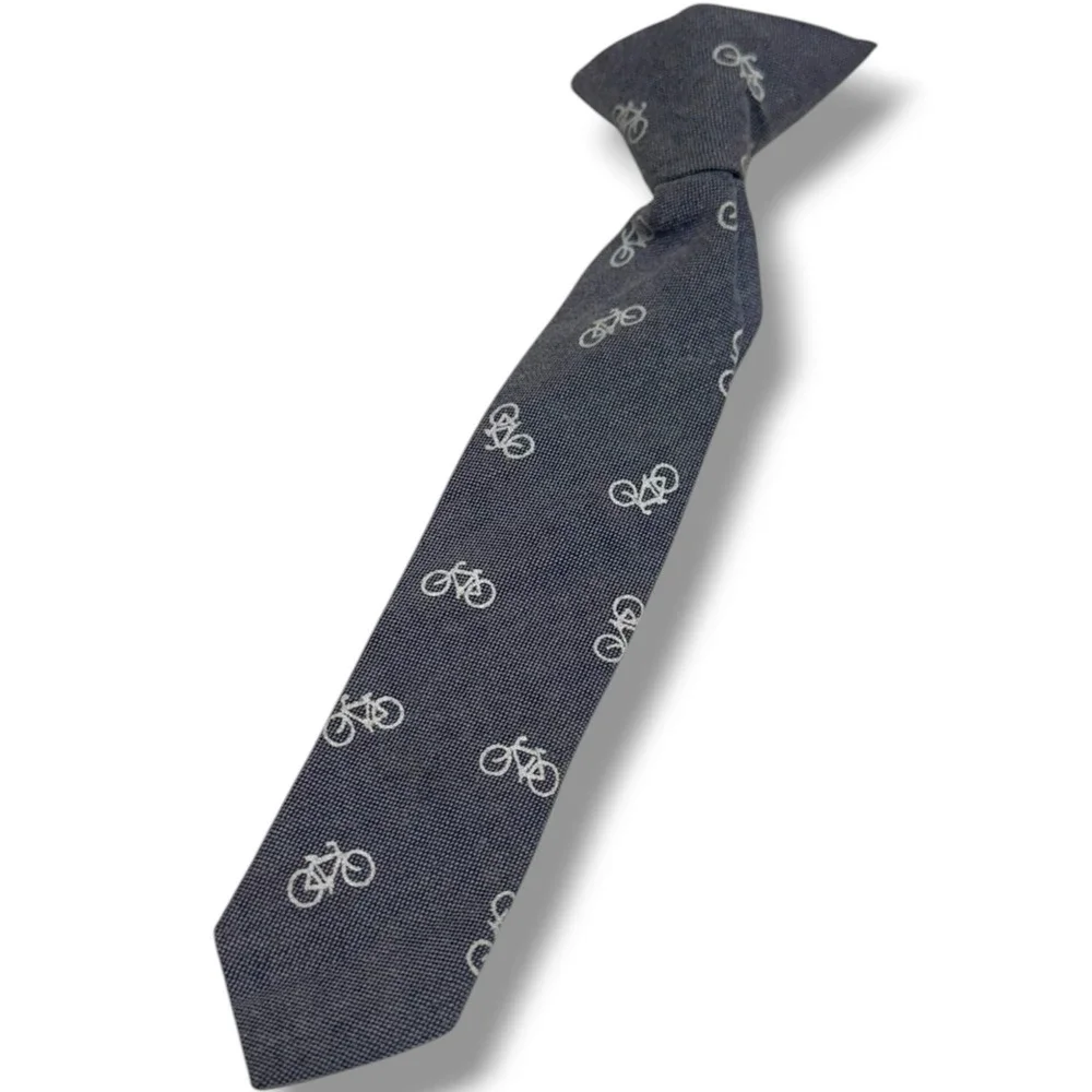 Toddler Boys Bicycle Print Clip On Necktie Navy Blue White Pre-Tied Tie 8.5